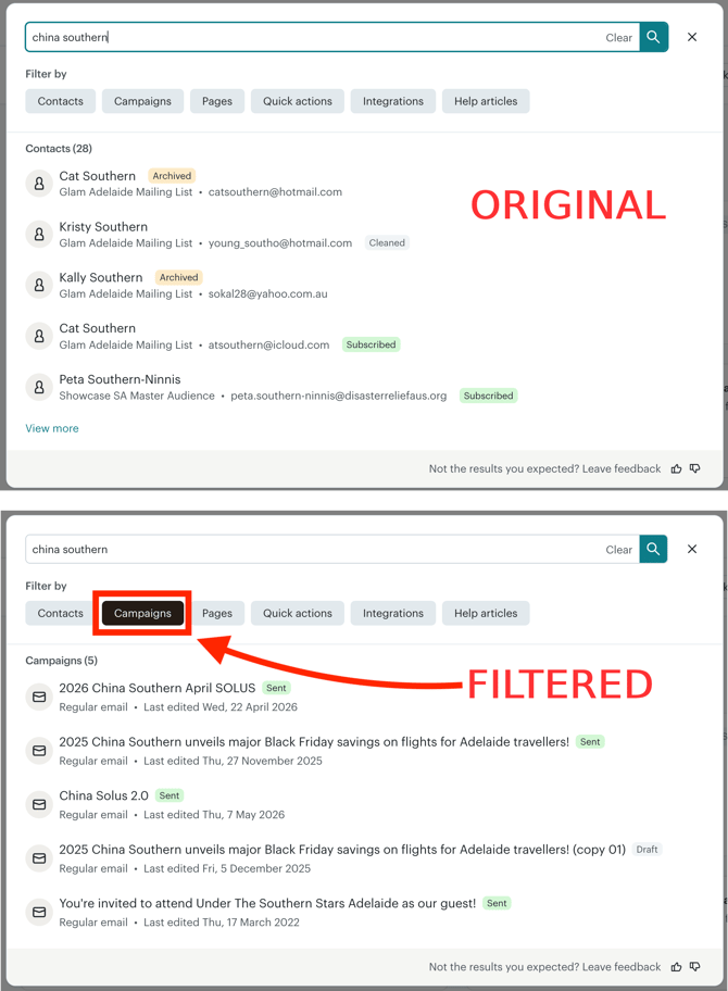 MailChimp Search Result Filter